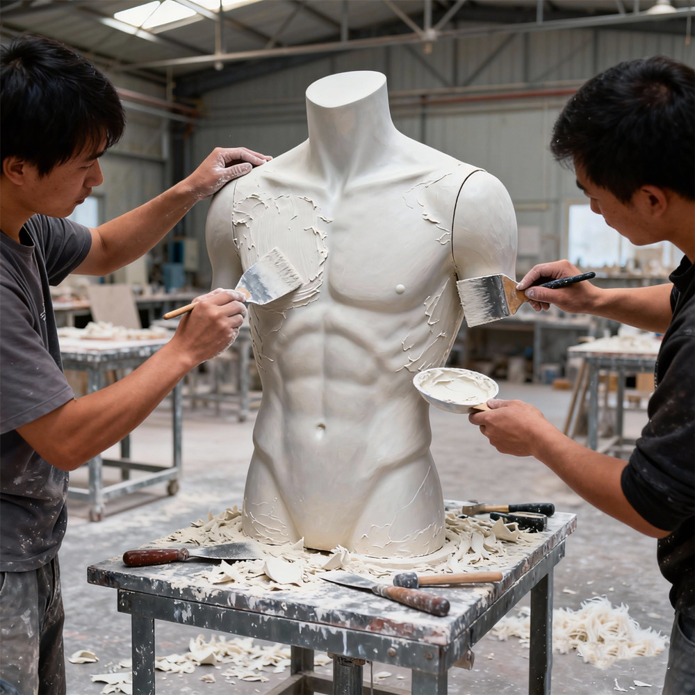 Workers sanding and refining a fiberglass male mannequin torso in a production workshop. Workers sanding and refining a fiberglass male mannequin torso in a production workshop.