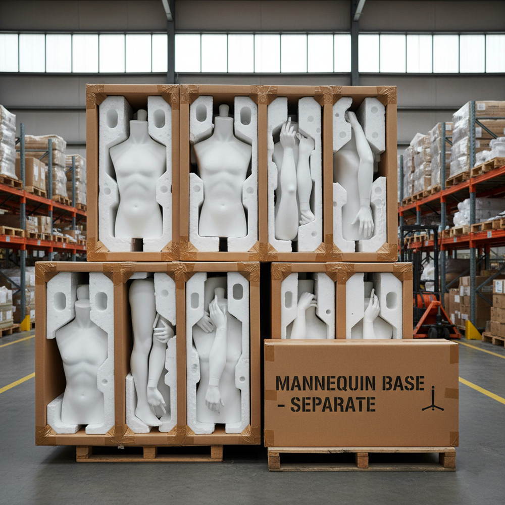 Export carton packaging for male mannequins with foam wrap and reinforced edges. Export carton packaging for male mannequins with foam wrap and reinforced edges.