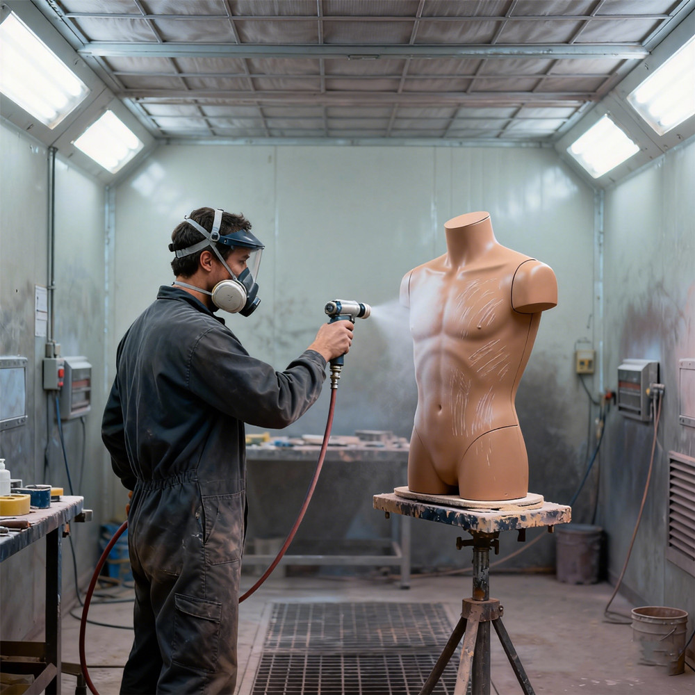 Painter applying matte finish to a male mannequin torso inside a paint booth. Painter applying matte finish to a male mannequin torso inside a paint booth.