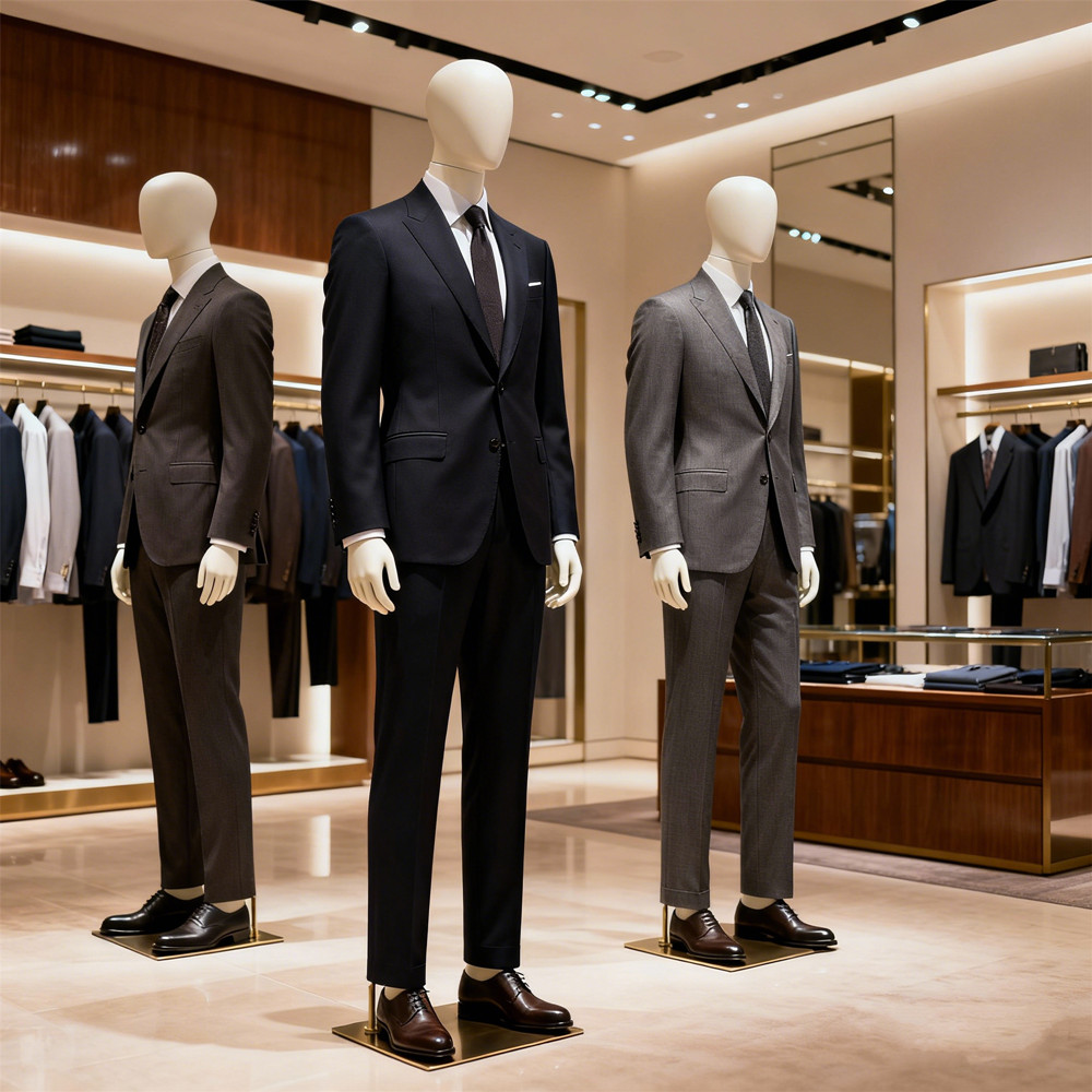 Male mannequins wearing premium suits in a luxury menswear store display. Male mannequins wearing premium suits in a luxury menswear store display.