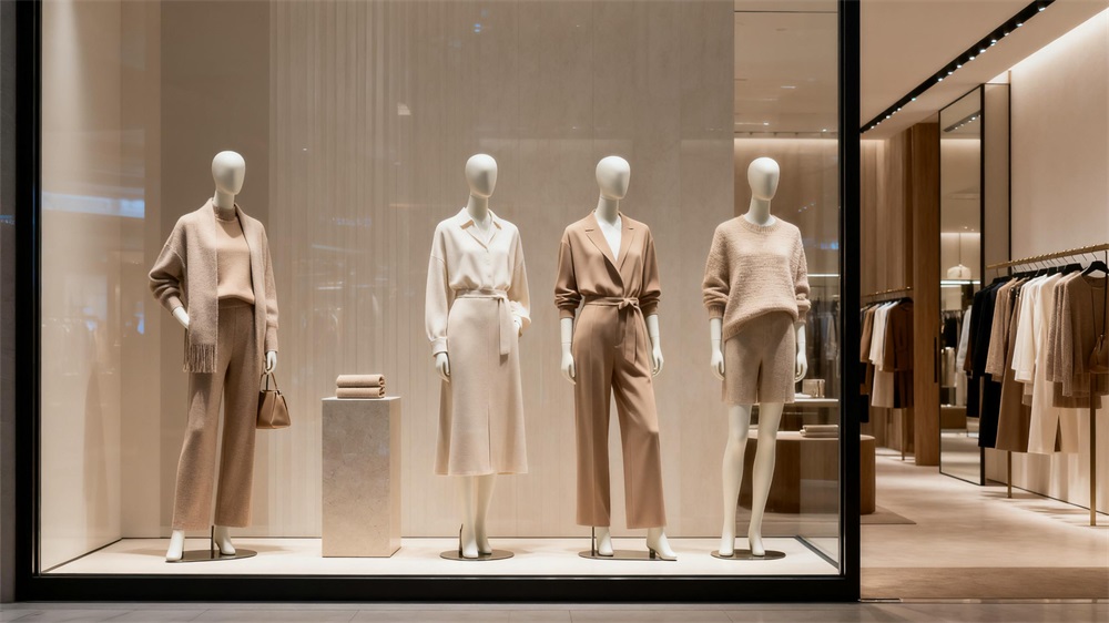 Professional mannequins displayed in a modern fashion retail store, showcasing clothing and visual merchandising design Professional mannequins displayed in a modern fashion retail store, showcasing clothing and visual merchandising design