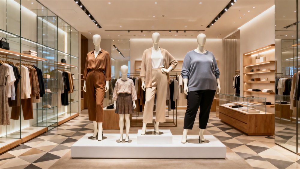 Retail mannequins in different sizes representing realistic body proportions in fashion stores Retail mannequins in different sizes representing realistic body proportions in fashion stores