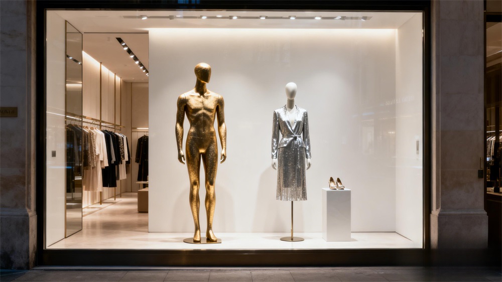 Comparison of full body and torso mannequins in a luxury fashion retail window display.