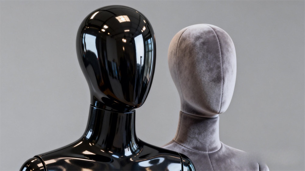 Close-up of premium ABS and Fiberglass material textures for retail torso mannequins.