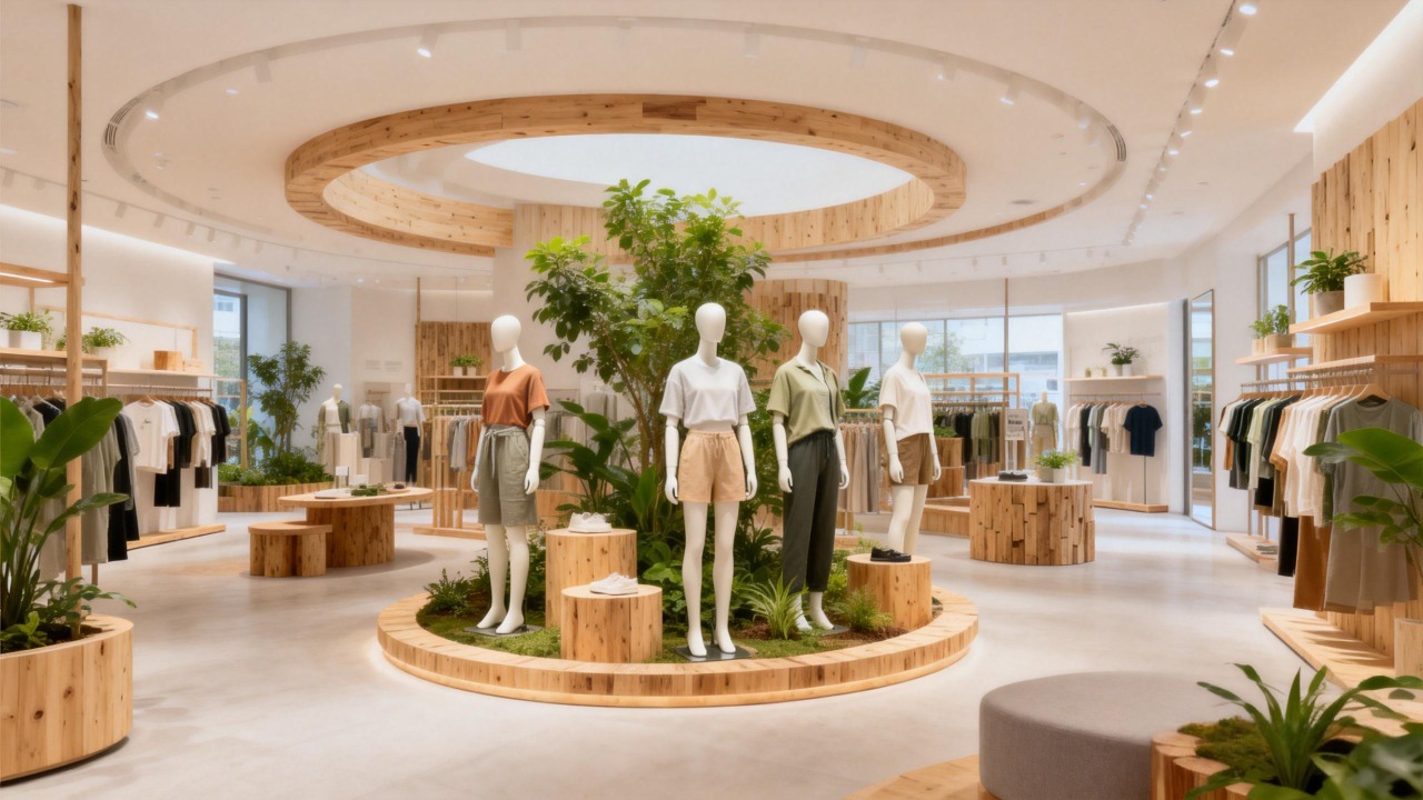 A modern, eco-friendly retail store layout featuring sustainable reusable mannequin assets.