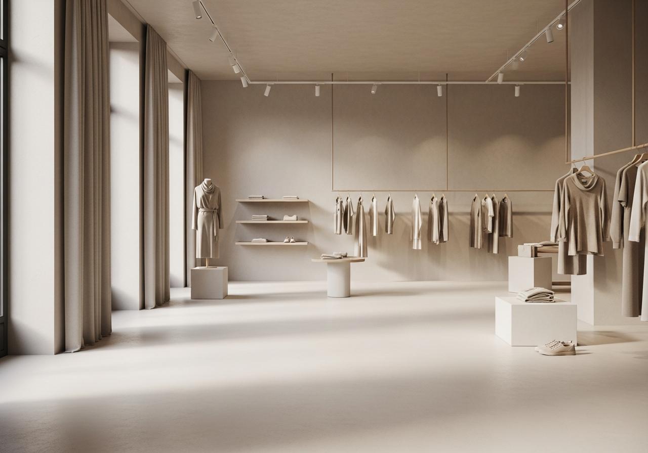 Thoughtful arrangement in a minimalist sustainable fashion store with soft lighting Thoughtful arrangement in a minimalist sustainable fashion store with soft lighting