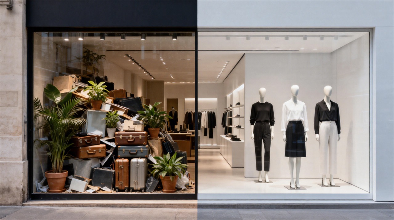 Comparison between cluttered retail props and professional mannequin displays. Comparison between cluttered retail props and professional mannequin displays.