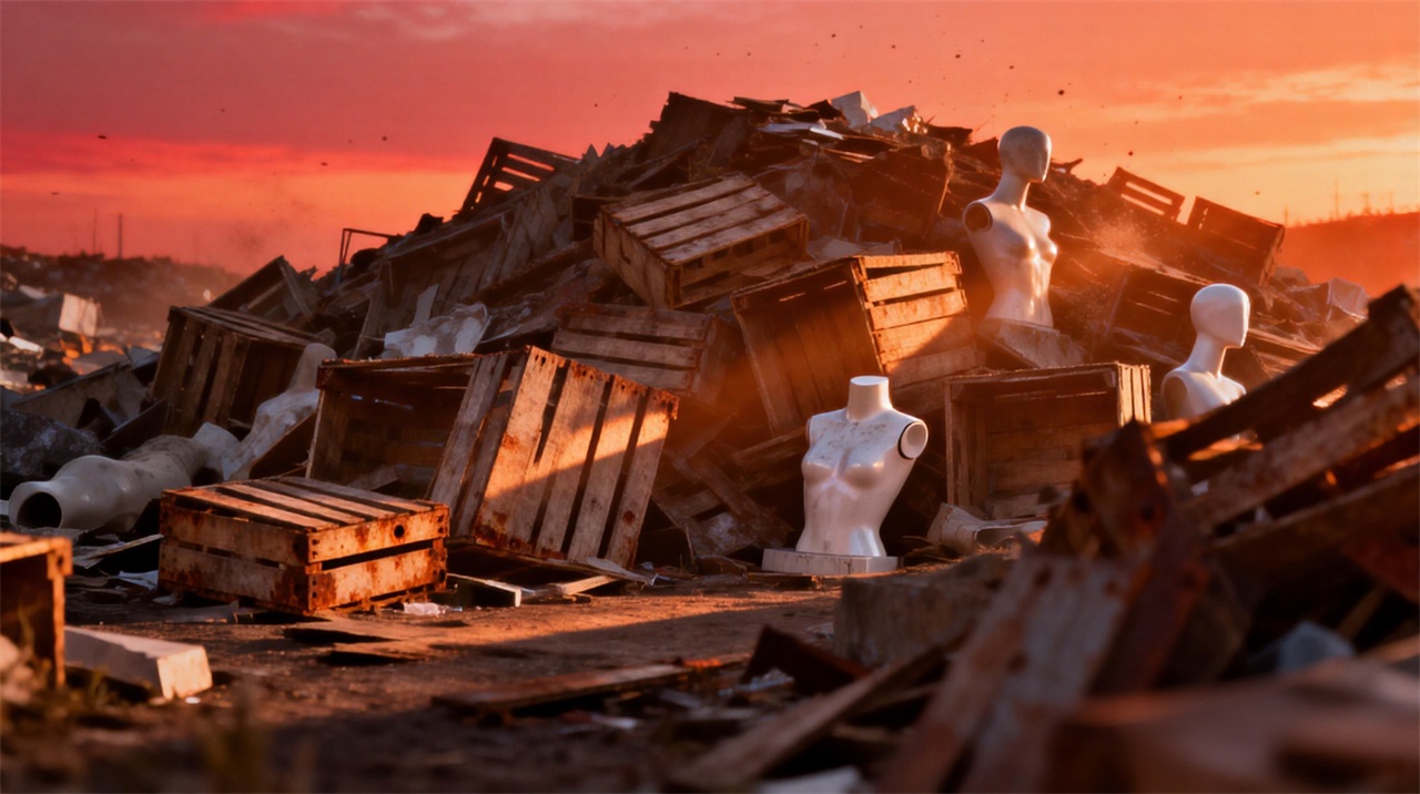 Discarded retail displays in a landfill illustrating the failure of short-term shopfitting.
