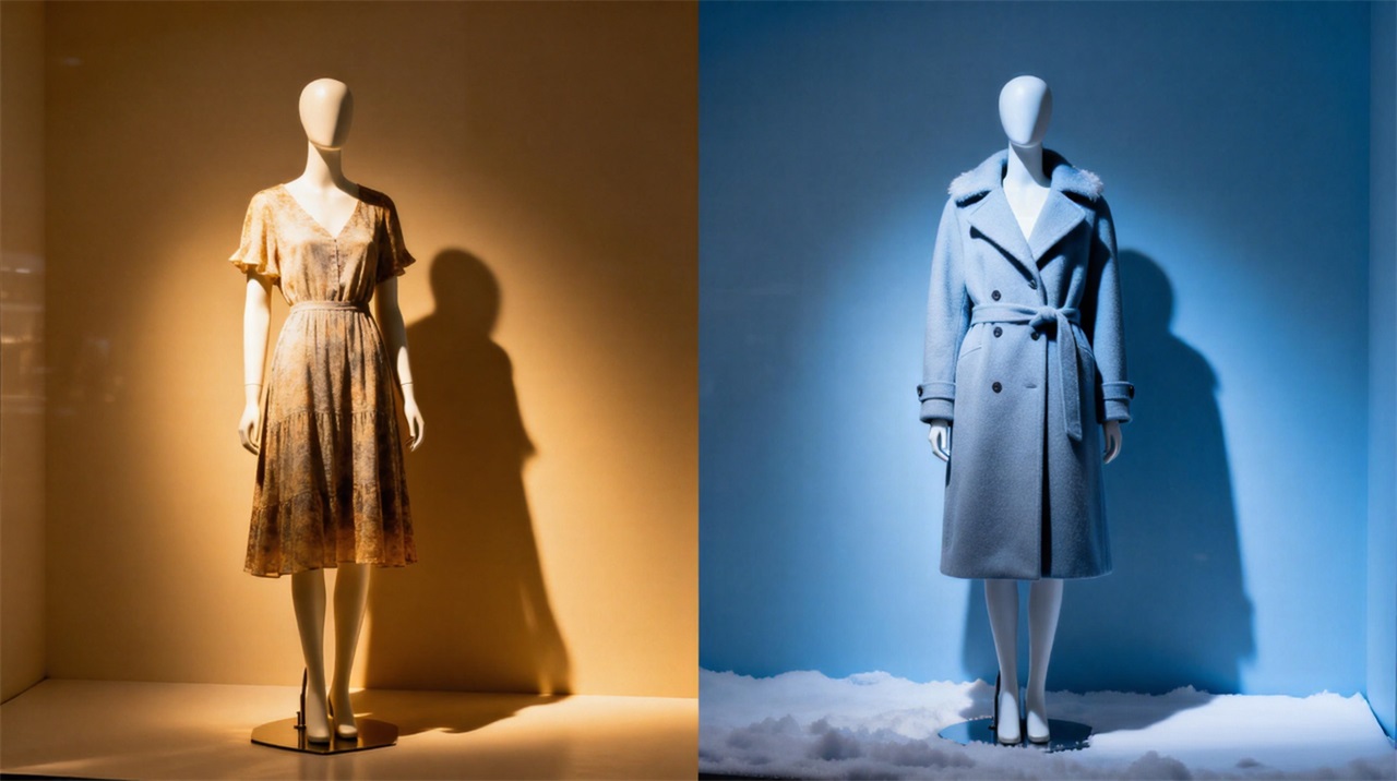 Seasonal transition in retail showing the same mannequin in summer and winter outfits.