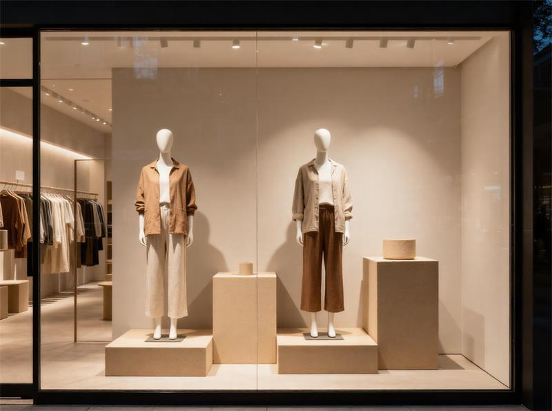 sustainable retail display window with mannequins and reusable display platforms