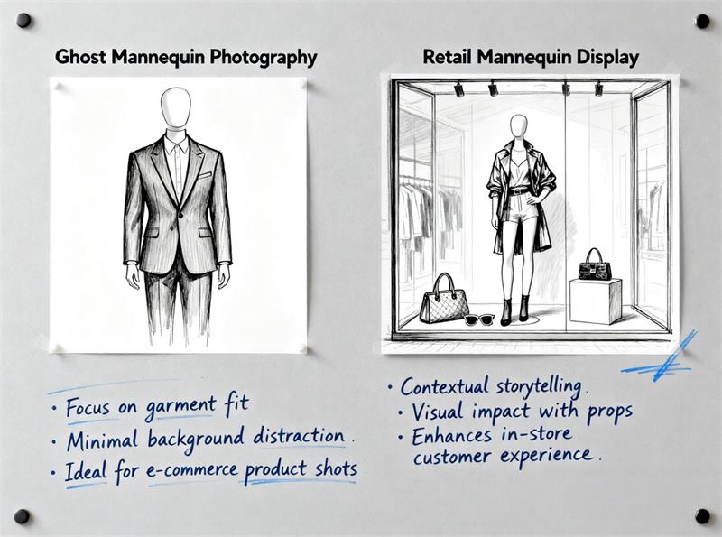 visual merchandising concept comparing ghost mannequin photography and retail display mannequins