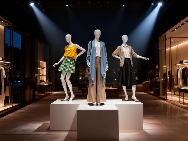 Three abstract mannequins in a luxury window display with dramatic lighting.