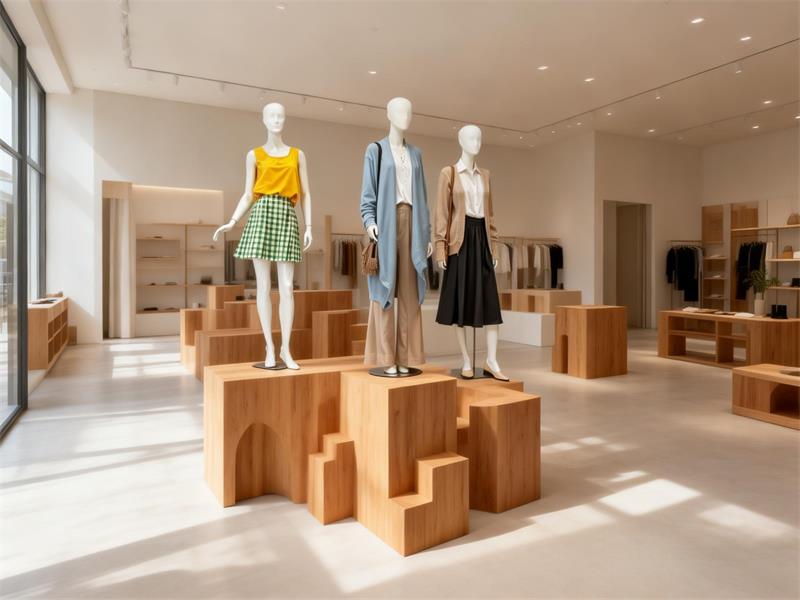 Minimalist retail store interior featuring mannequins on wooden pedestals.