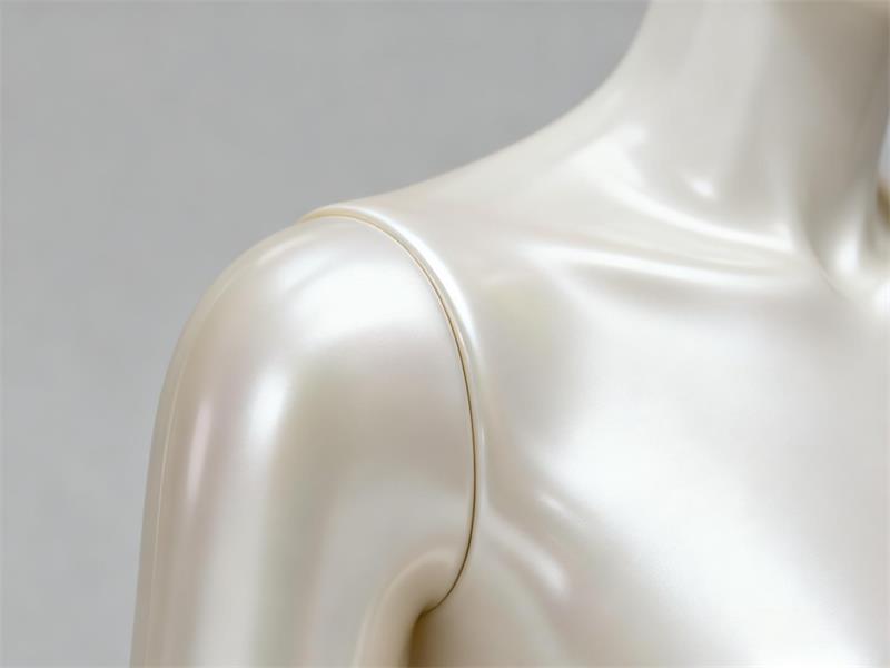 Detail shot of a pearl-finish fiberglass mannequin shoulder.