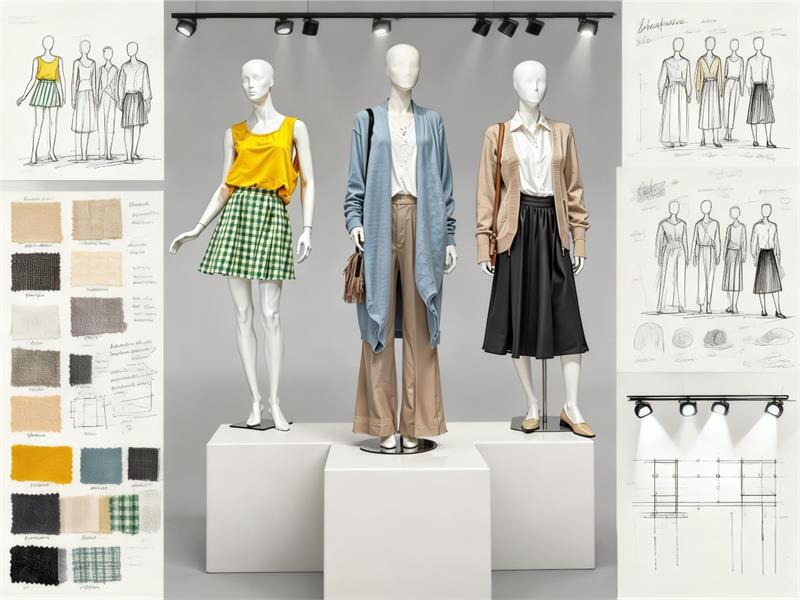 Visual merchandising concept board with mannequin sketches and fabric samples.