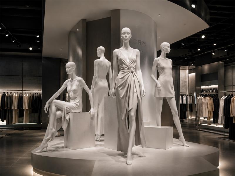 Strategic mannequin placement in a luxury retail display to enhance store identity.