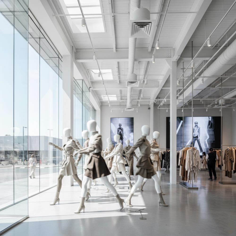 High-density cluster of dynamic fashion mannequins at the entryway of a contemporary Fifth Avenue flagship store illustrating fast fashion visual identity. High-density cluster of dynamic fashion mannequins at the entryway of a contemporary Fifth Avenue flagship store illustrating fast fashion visual identity.