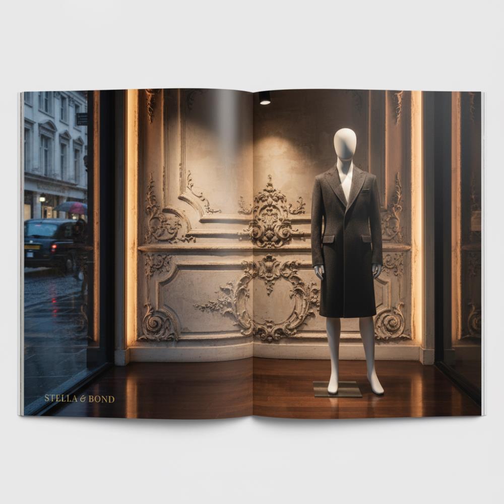 Minimalist abstract mannequin in a luxury New Bond Street boutique window display showcasing high-end tailoring under premium architectural lighting.