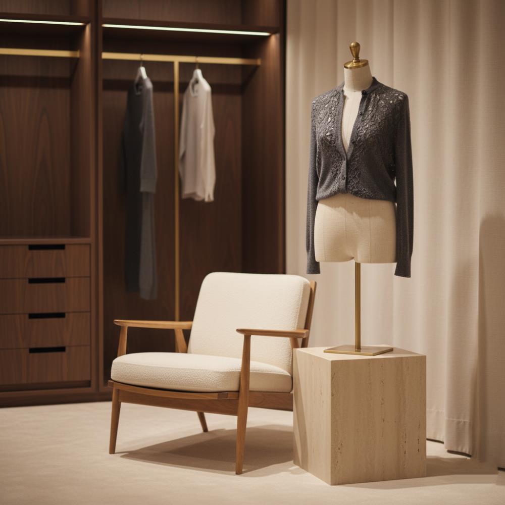 Linen-wrapped torso display form on a stone plinth within an intimate luxury store design layout optimizing the premium customer journey. Linen-wrapped torso display form on a stone plinth within an intimate luxury store design layout optimizing the premium customer journey.