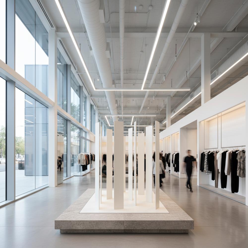 Elongated minimalist display forms positioned as a strategic spatial anchor within a high-ceiling Fifth Avenue flagship store design. Elongated minimalist display forms positioned as a strategic spatial anchor within a high-ceiling Fifth Avenue flagship store design.