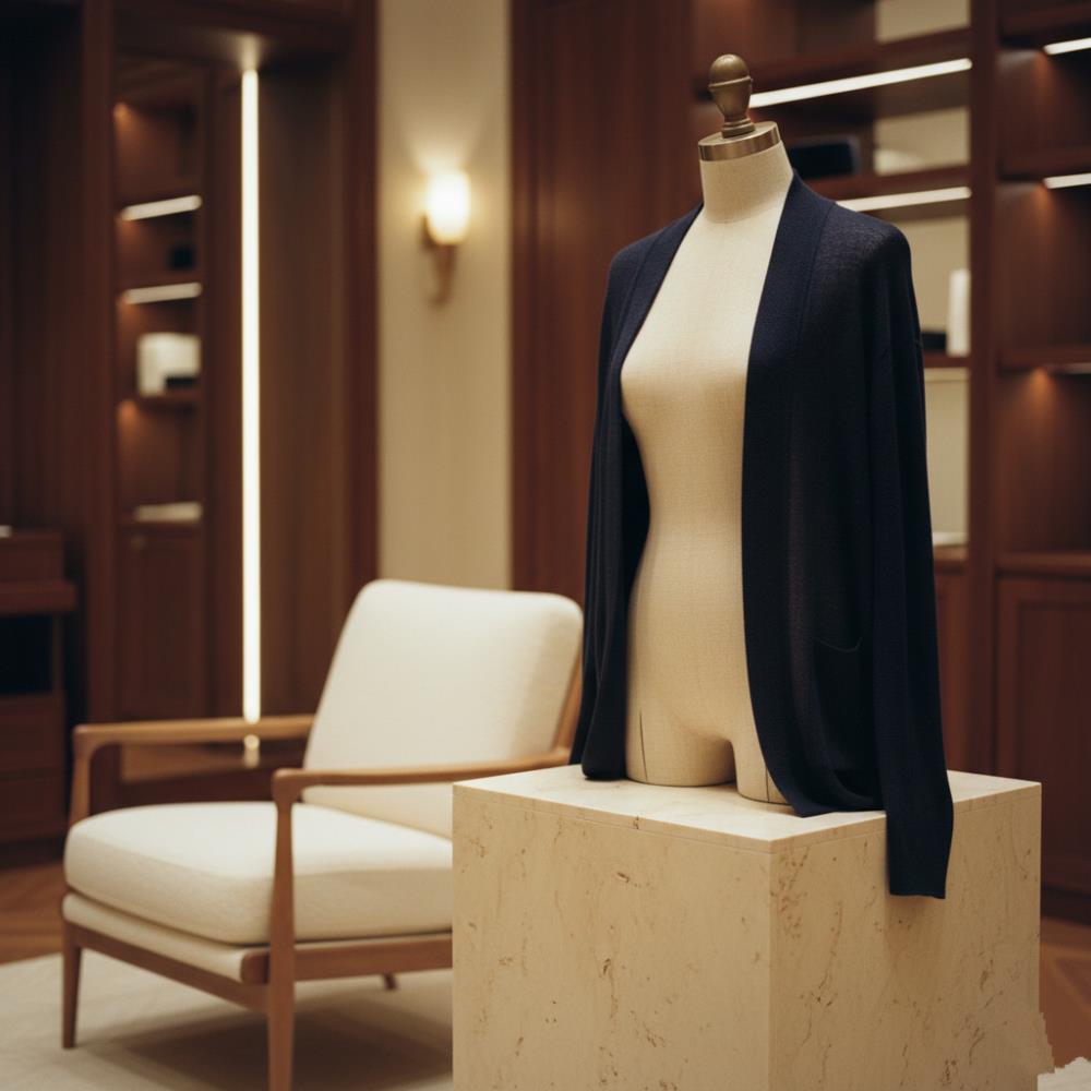 Linen-wrapped torso display form on a stone pedestal within an intimate luxury store design maximizing premium customer engagement. Linen-wrapped torso display form on a stone pedestal within an intimate luxury store design maximizing premium customer engagement.