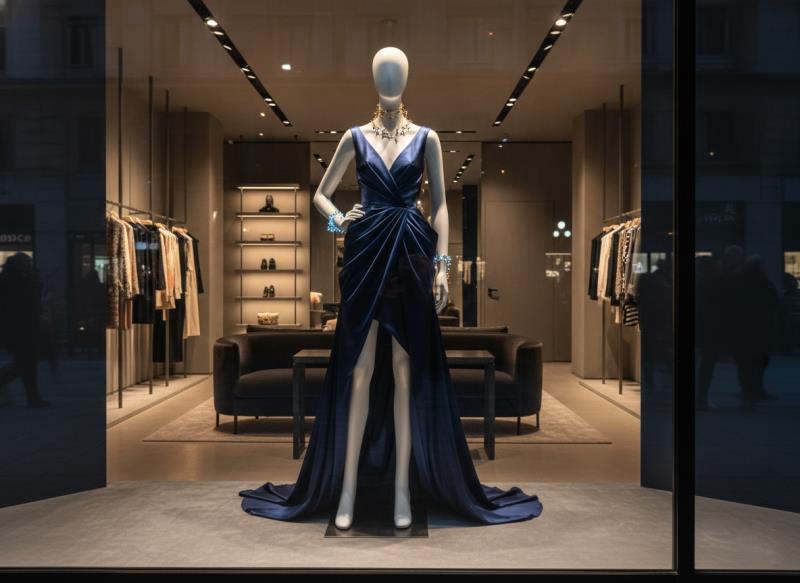 A headless female mannequin in a black outfit stands in a luxury boutique window with soft lighting. A headless female mannequin in a black outfit stands in a luxury boutique window with soft lighting.