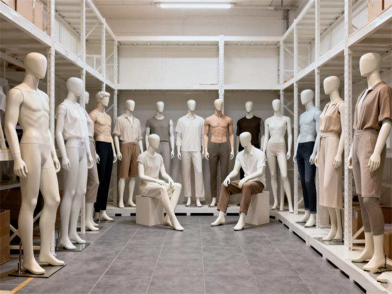 Various male and female mannequins in different poses displayed in a wholesale warehouse for retail shipping. Various male and female mannequins in different poses displayed in a wholesale warehouse for retail shipping.