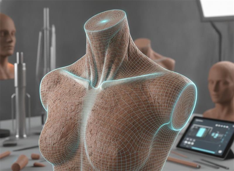 Bespoke mannequin creation blueprint phase showing digital sculpting and posture alignment.
