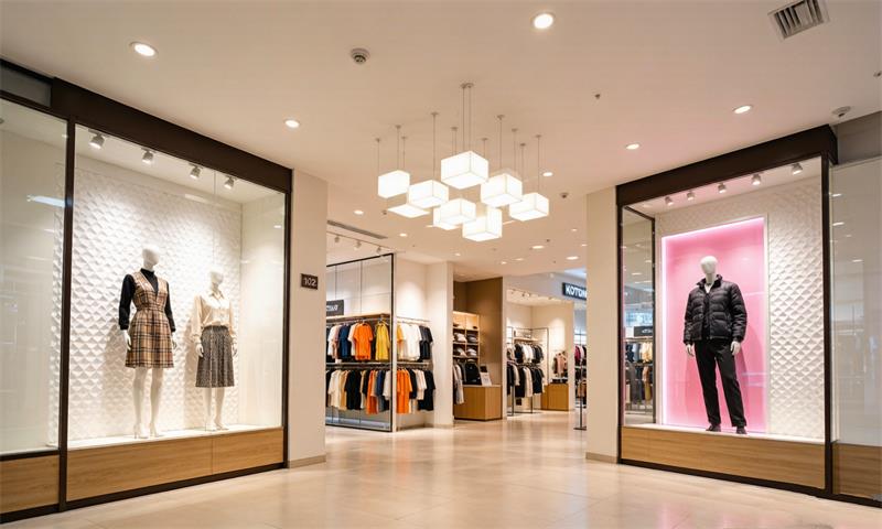 Modern retail store interior with mannequins in window displays showing multi-location applicability Modern retail store interior with mannequins in window displays showing multi-location applicability
