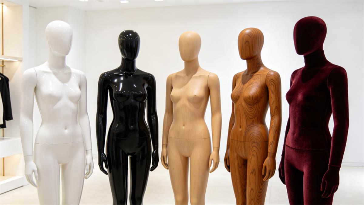 Five mannequins made from different materials including fibreglass, ABS plastic, bio-resin, wood, and fabric standing in a retail showroom, illustrating mannequin material options for visual merchandising Five mannequins made from different materials including fibreglass, ABS plastic, bio-resin, wood, and fabric standing in a retail showroom, illustrating mannequin material options for visual merchandising