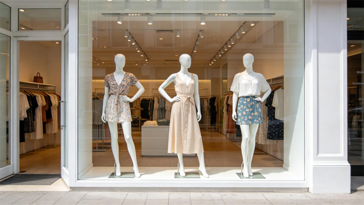 Three ABS plastic mannequins in a retail store window display, showing their pre-colored matte white finish and lightweight design Three ABS plastic mannequins in a retail store window display, showing their pre-colored matte white finish and lightweight design