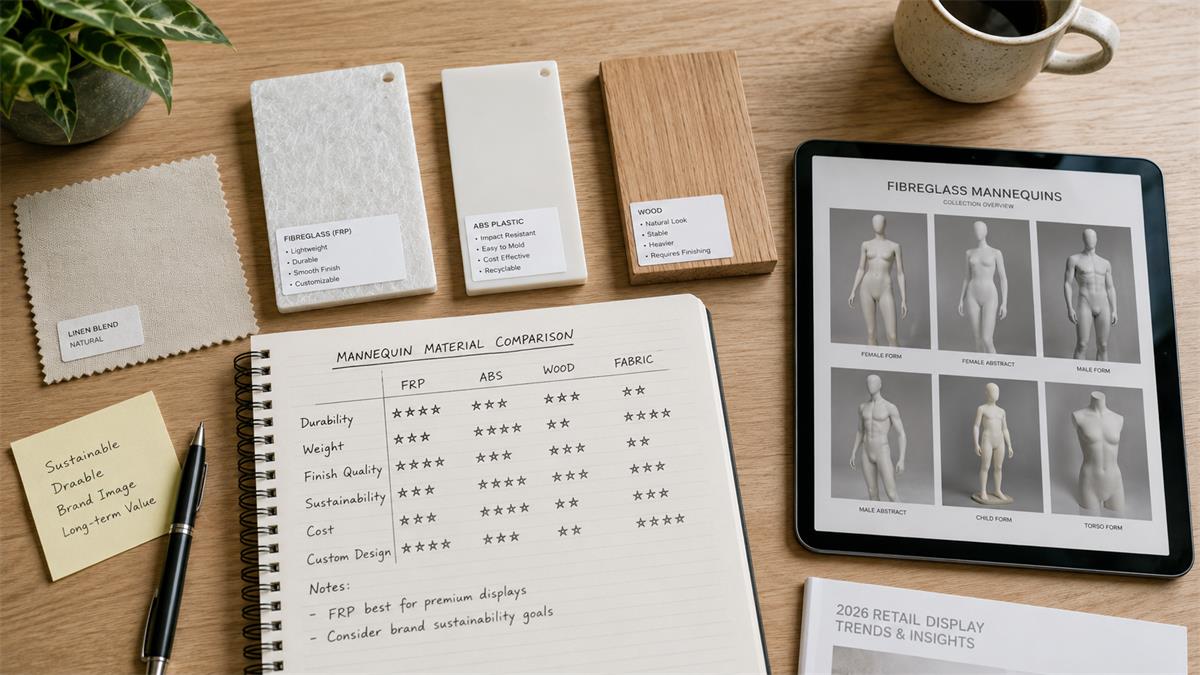A retail buyer comparing mannequin material samples with notes and a digital catalogue, illustrating the mannequin material selection process A retail buyer comparing mannequin material samples with notes and a digital catalogue, illustrating the mannequin material selection process