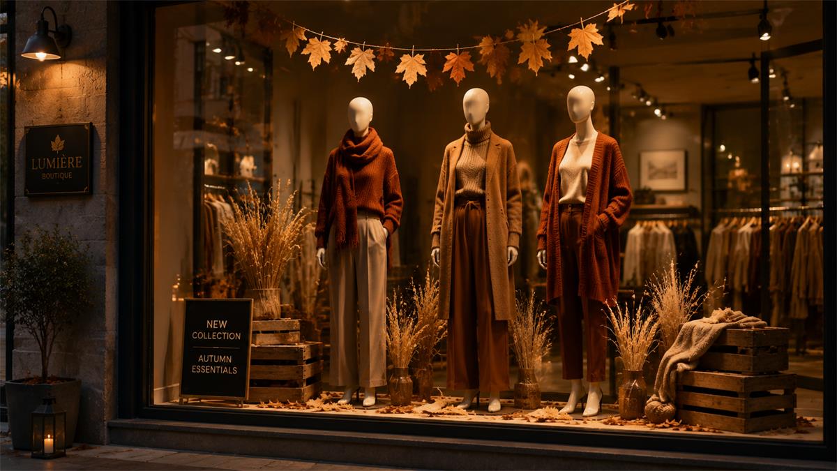 Fall window display ideas: boutique storefront with three mannequins styled in layered autumn knitwear under warm lighting Fall window display ideas: boutique storefront with three mannequins styled in layered autumn knitwear under warm lighting