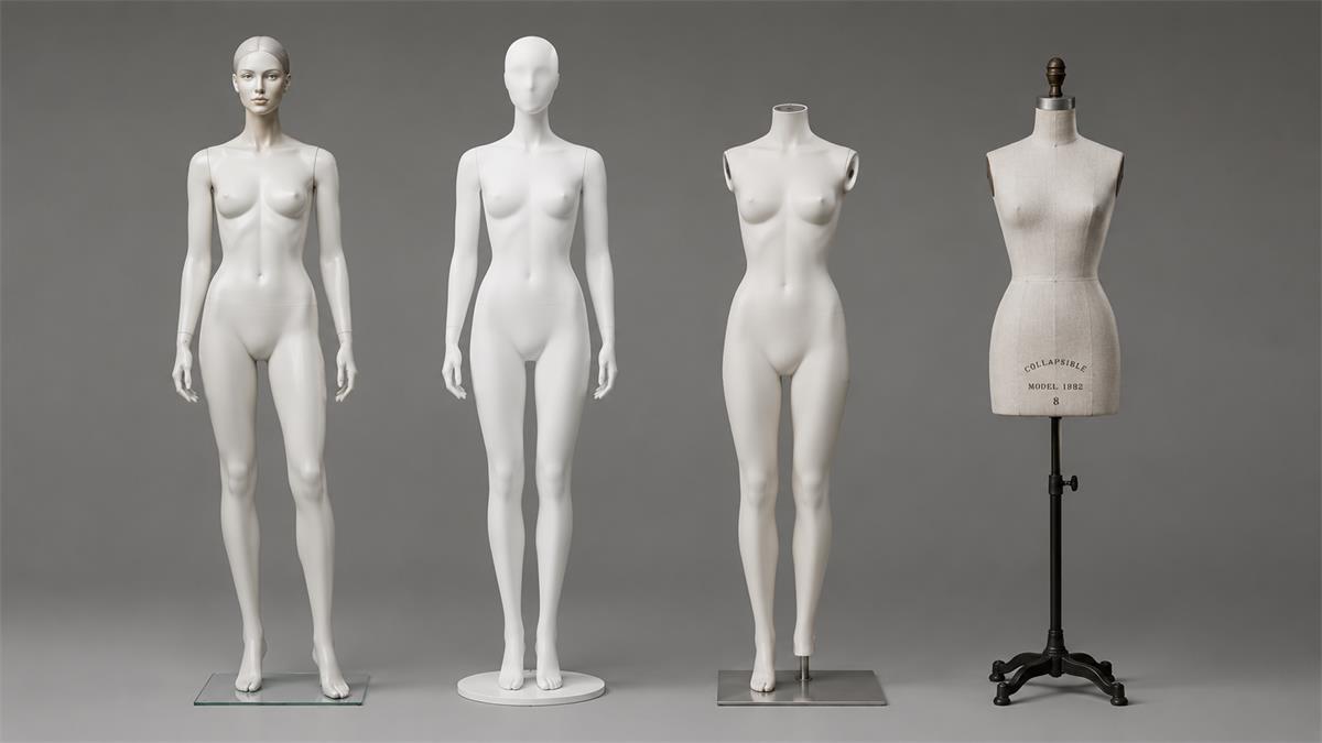 Comparison of realistic, abstract, headless mannequins and a dress form for fall retail window displays Comparison of realistic, abstract, headless mannequins and a dress form for fall retail window displays
