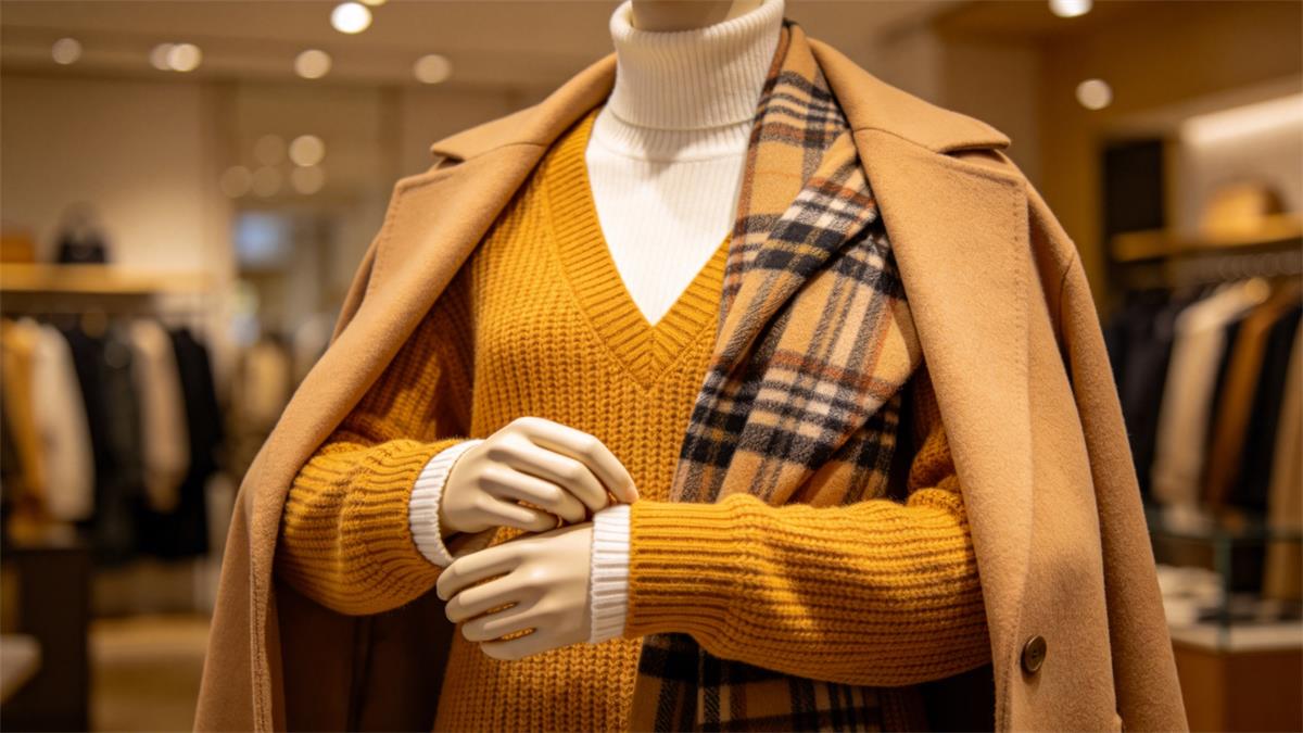 How to style a window display mannequin with three-layer fall outfit of turtleneck, cardigan and camel coat How to style a window display mannequin with three-layer fall outfit of turtleneck, cardigan and camel coat