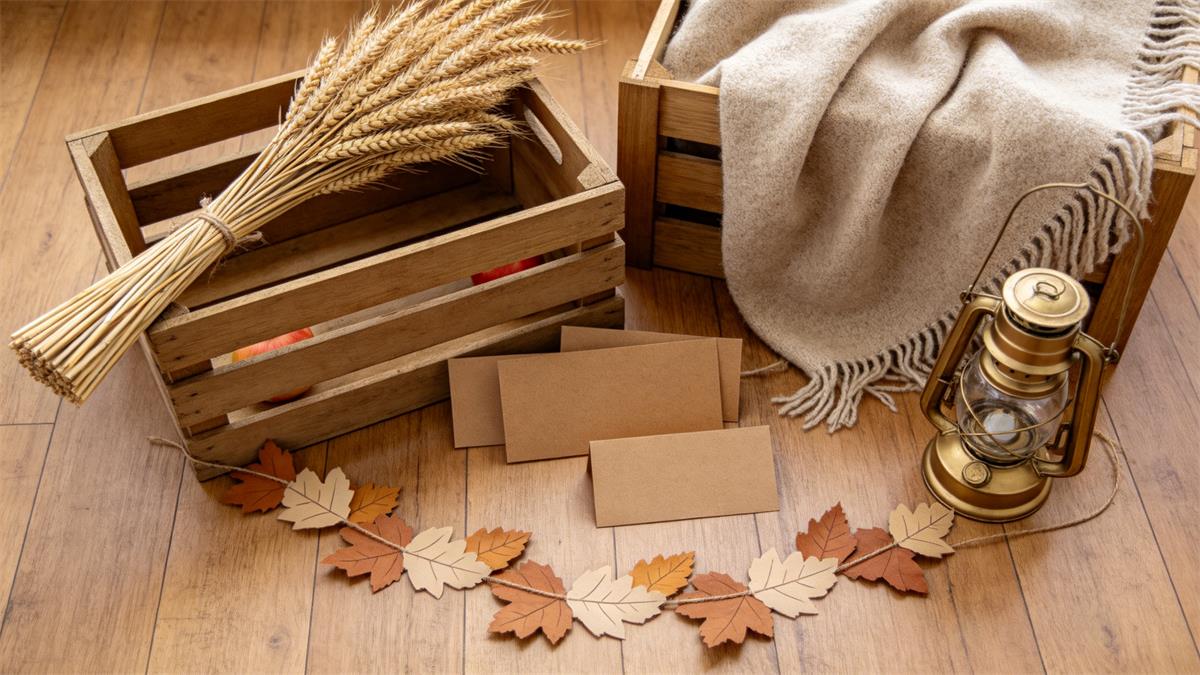 Reusable fall retail window display props including wooden crates, wheat bundles and wool throw Reusable fall retail window display props including wooden crates, wheat bundles and wool throw