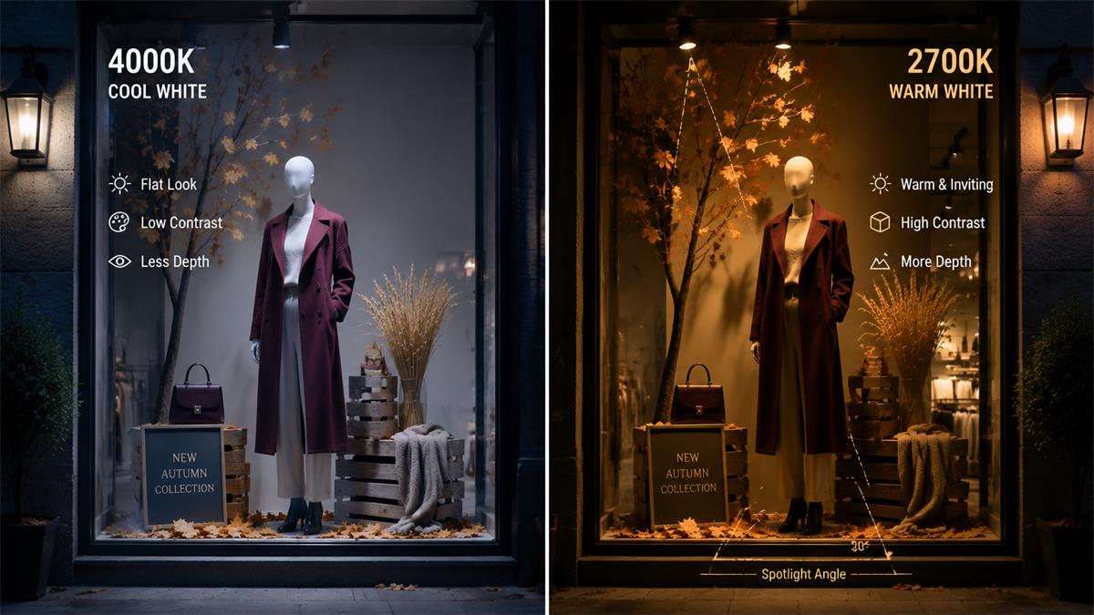Warm 2700K lighting versus cold lighting on a fall window display mannequin at night Warm 2700K lighting versus cold lighting on a fall window display mannequin at night