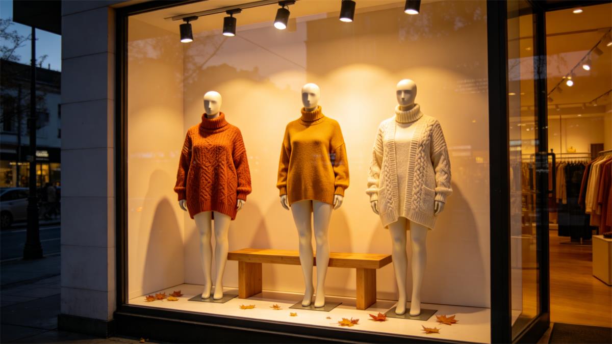 Boutique window display using a mannequin size chart to mix size 4, size 10, and curve forms Boutique window display using a mannequin size chart to mix size 4, size 10, and curve forms
