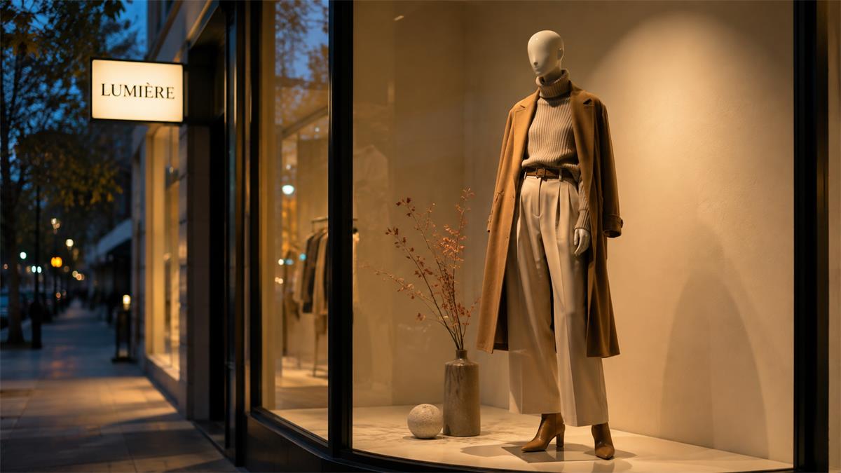 Boutique window display with a dressed mannequin in a warm retail storefront
