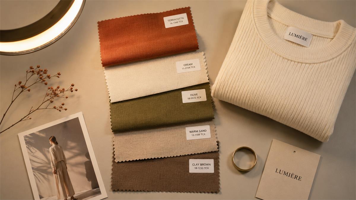 Boutique window color story with fabric swatches and a calm palette
