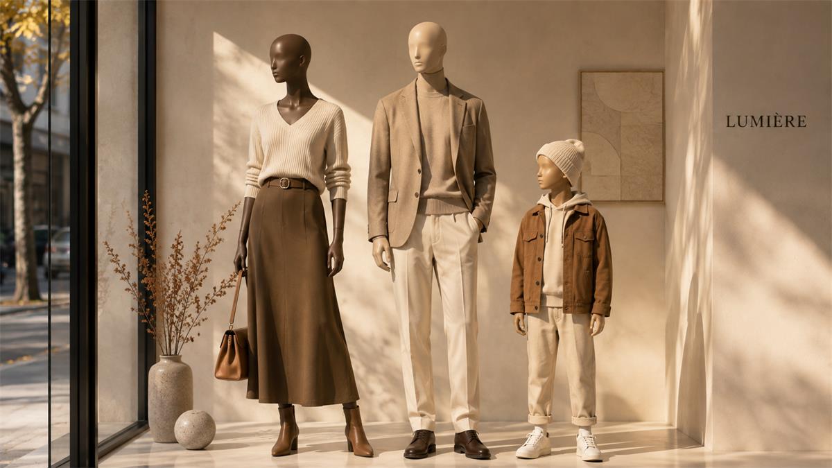 Comparison of female male and kids mannequins for a boutique window