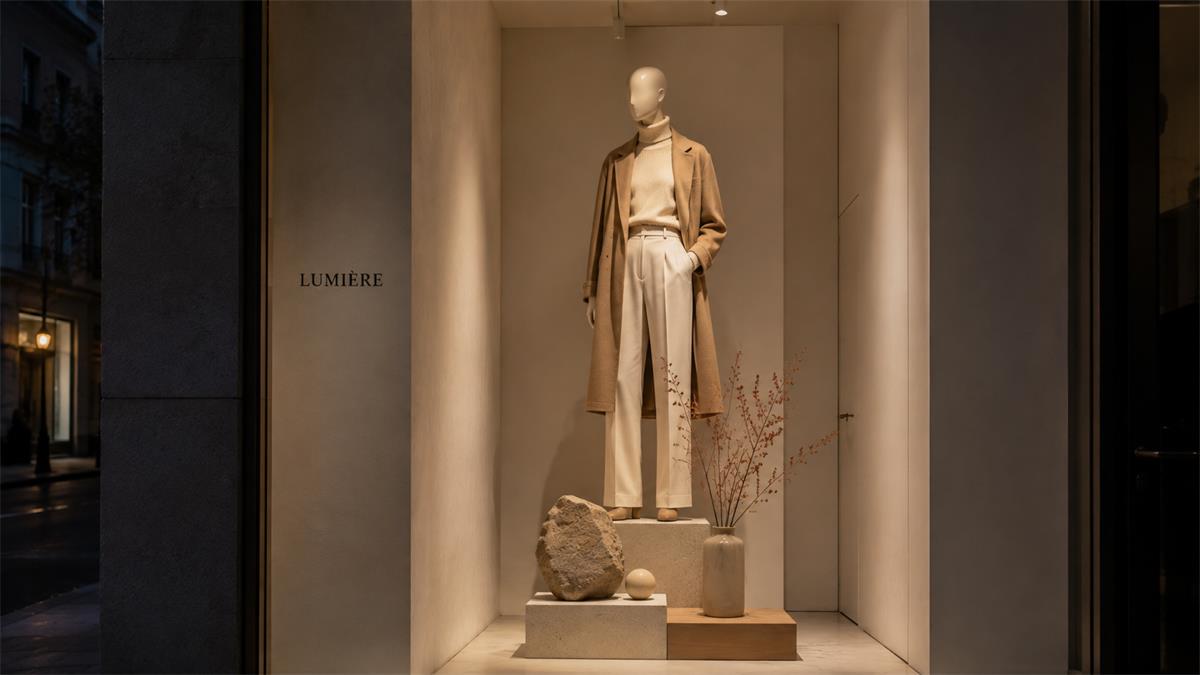 Narrow boutique window layout with a closed-back pyramid display