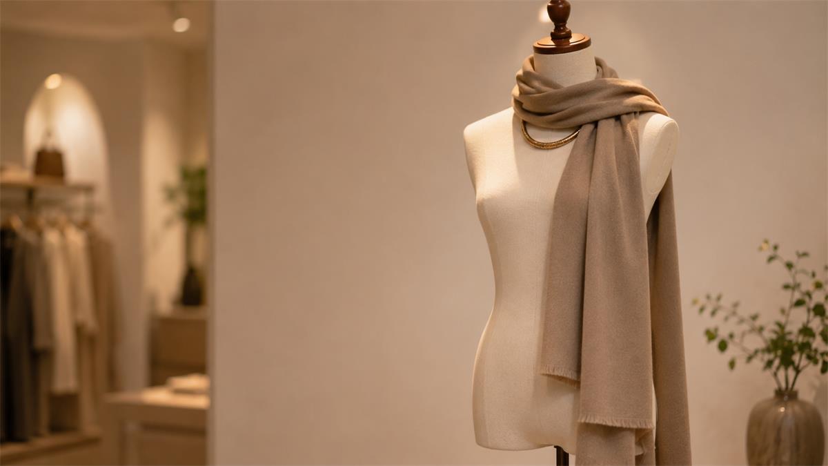 Dress form styled with a scarf and accessory for boutique display
