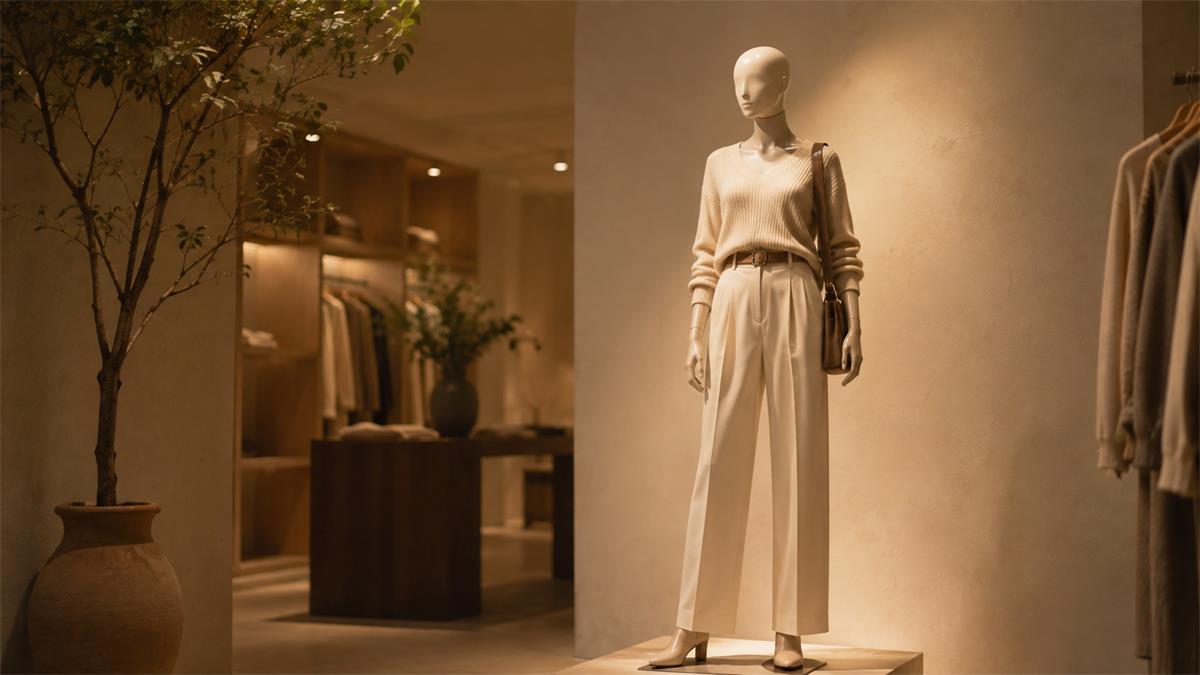Retail display mannequin styled as a hero in a warm boutique interior