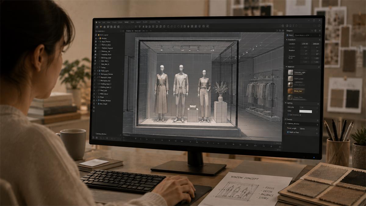 3D model plan for placing retail display mannequins in a store
