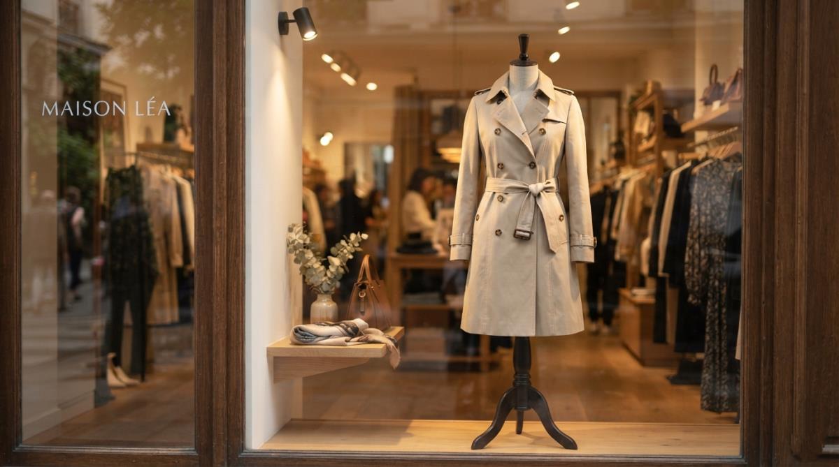 Boutique dress form display with styled coat in window