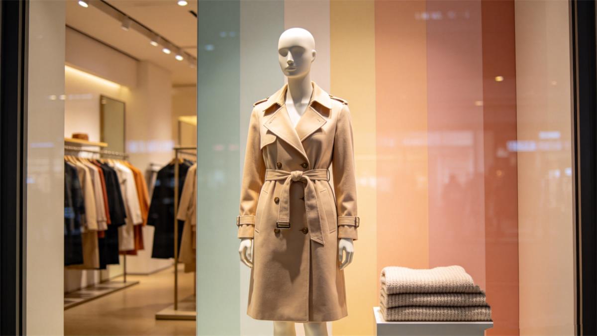Clothing boutique display with styled trench coat on mannequin
