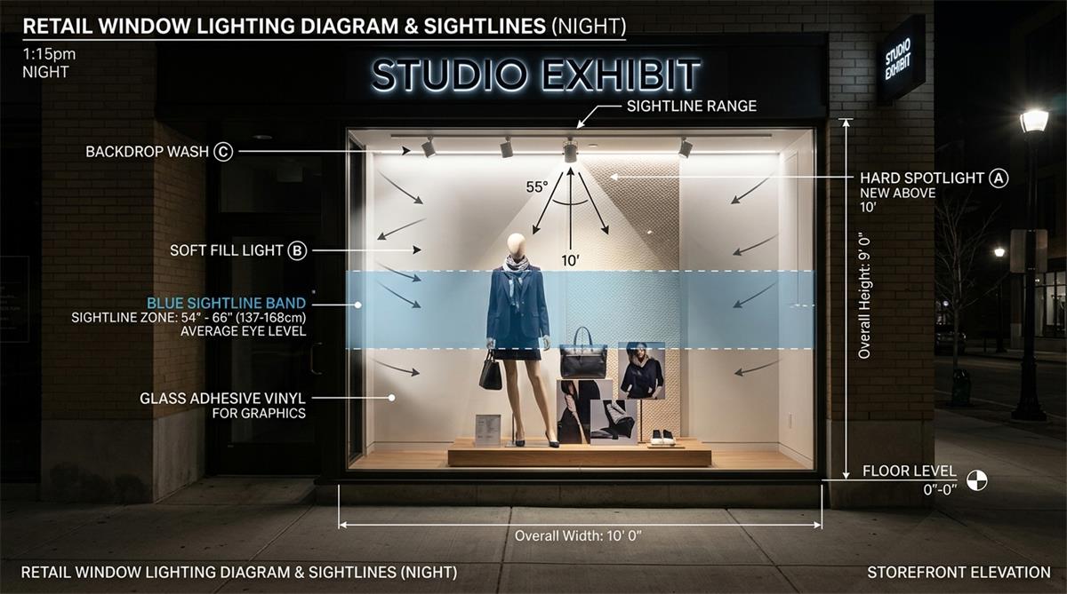 Halloween window lighting plan with eye-level sightline band Halloween window lighting plan with eye-level sightline band