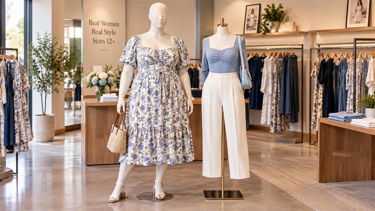 Plus-size mannequin styled beside a straight-size form in one visual family Plus-size mannequin styled beside a straight-size form in one visual family