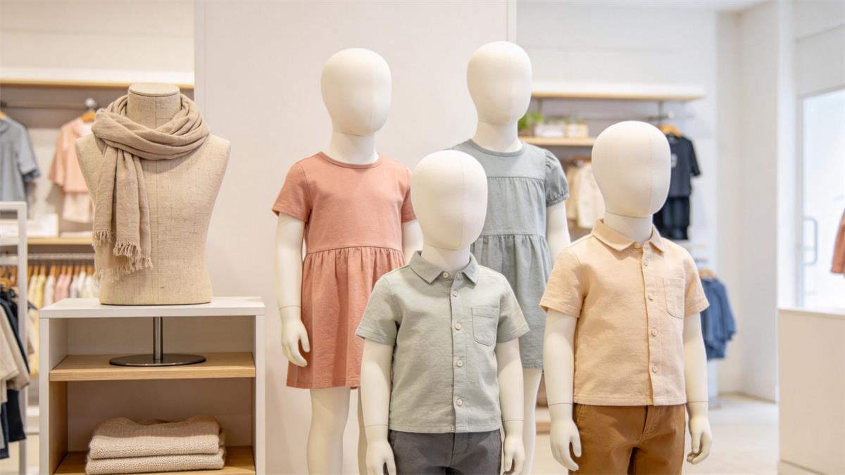 Kids boutique mannequins in three height bands beside an accessory bust form Kids boutique mannequins in three height bands beside an accessory bust form